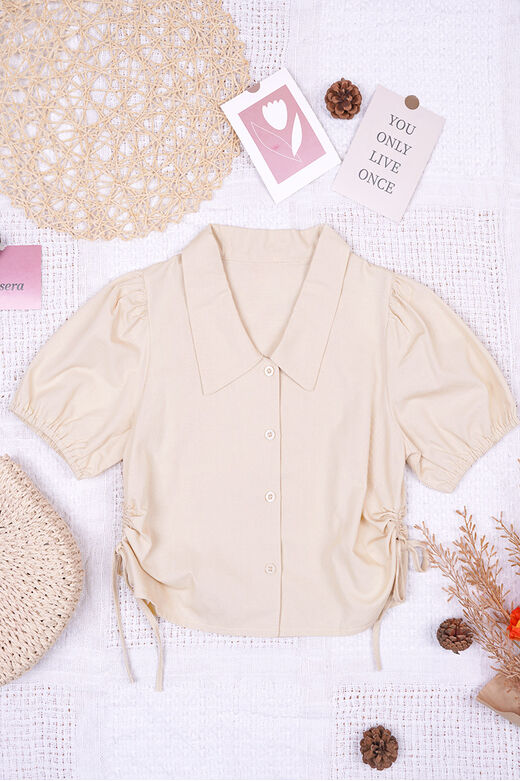 Collar Button Front Dual Side Drawstring Top (Apricot)